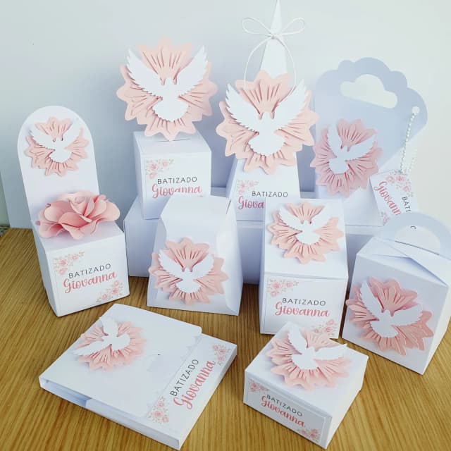 Kit Personalizado Batizado Rosa e Branco 3D Arquivo Digital