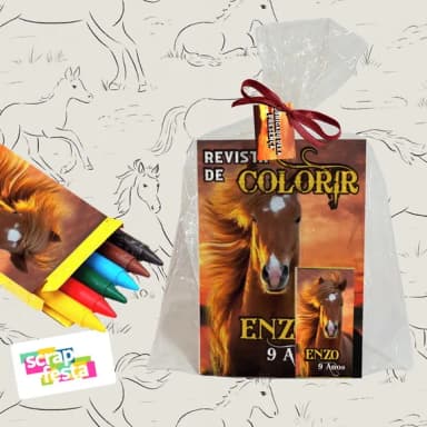 Revista Colorir+embalagem+giz Cera Festa Cavalos