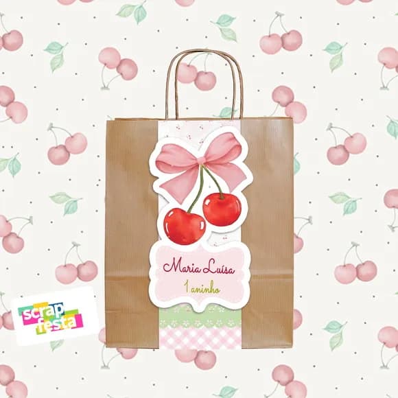 Sacolinha Papel Personalizada Festa Cerejinha Aquarela