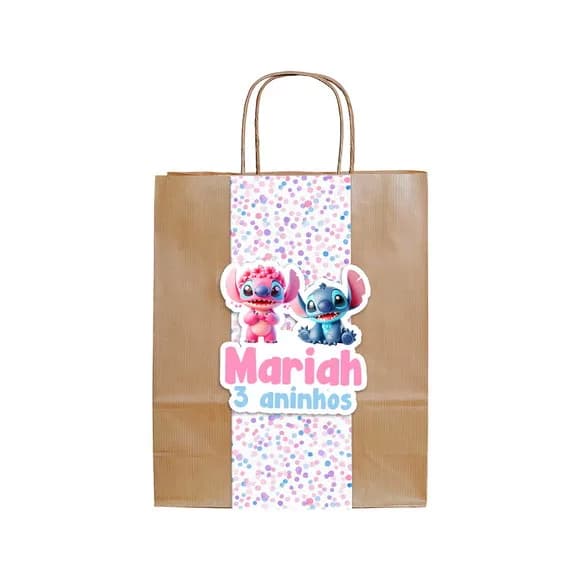 Sacola Personalizada Stitch Rosa Angel Kraft com Aplique