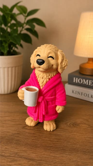 Cachorro Golden Tomando Café Decorativo em Impressão 3D