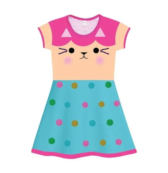 Vestido Infantil Feminino Estampa Gatinho Colorido com Poás