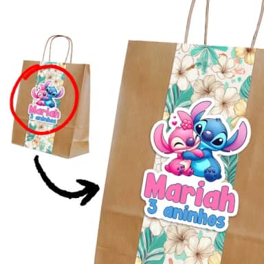 Sacola Kraft Lembrancinha Stitch e Angel Floral com Faixa 3d