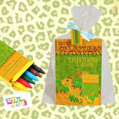 Revista Colorir+embalagem+giz de Cera Festa Dinossauro