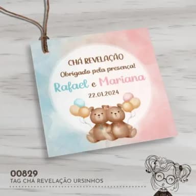Tag Quadrada Chá Revelação Ursinhos - 00829