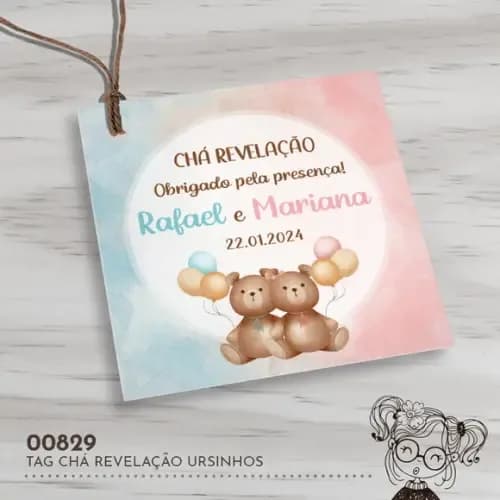 Tag Quadrada Chá Revelação Ursinhos - 00829