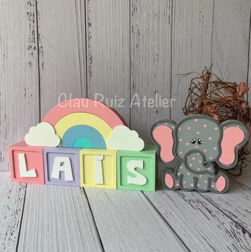Decoração Bebê Candy Cubos 6x6cm Ts + Arco Íris+ Elefante Pi
