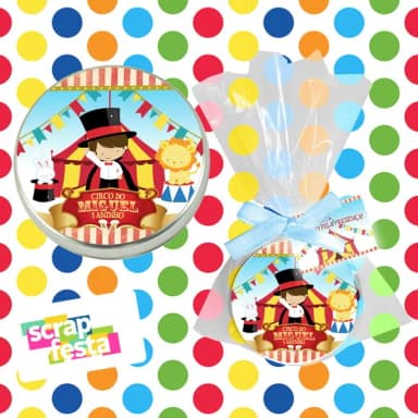 Latinha, Saquinho, Fitinha e Tag Personalizadas Festa Circo