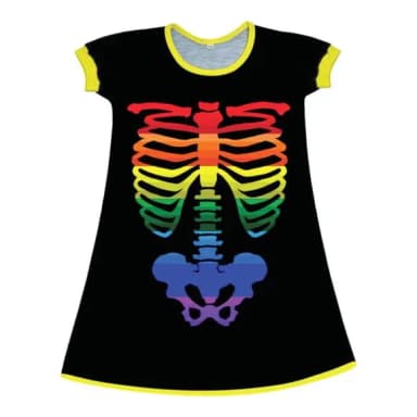 Vestido Infantil Fantasia Esqueleto Colorido Arco-Íris Neon