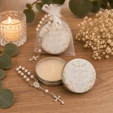 30 Unidades de Lembrancinha Batizado Vela Aromática na Latinha com Terço e Saco do Organza - Trabalhamos com qualquer tema - Informar o tema no chat