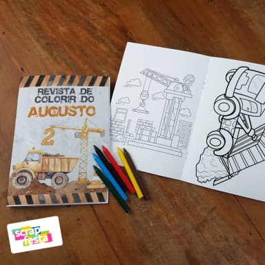 Revista Colorir + Giz Cera Festa Construção Aquarela Cute