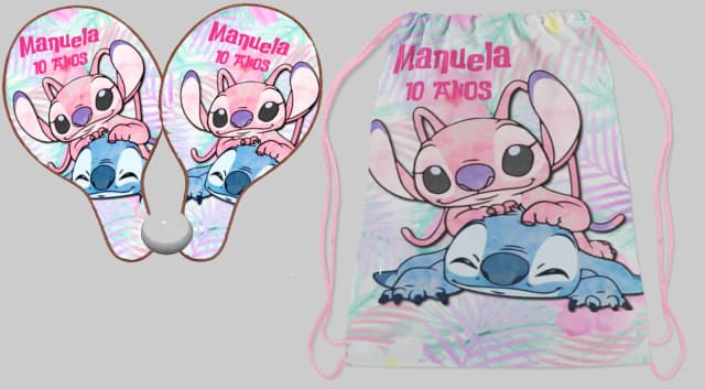 Kit Mochilinha e Raquete ping Pong Personalizada da Agel e Stitch