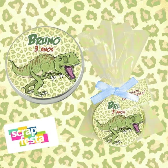 Latinha, Saquinho, Fitinha e Tag Personalizada Dinossauro