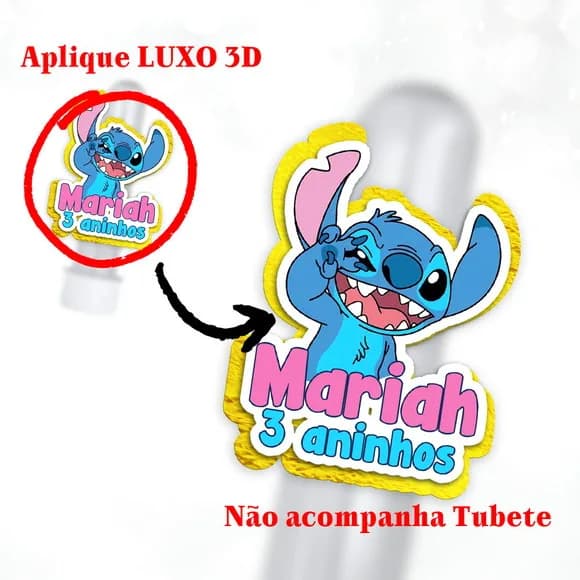 Aplique 3d para Tubete Festa Stitch e Angel com Camadas
