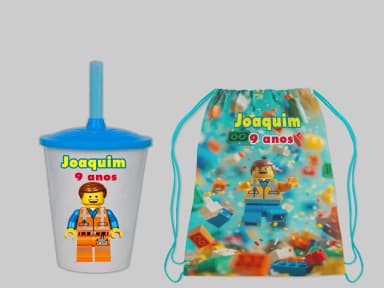 Kit Mochila e Copo Twister personalizado Lembrancinhas da Lego