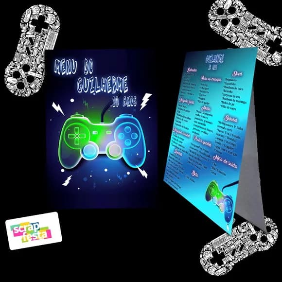 Menu Cardápio Cavalete Festa Games Jogos Neon