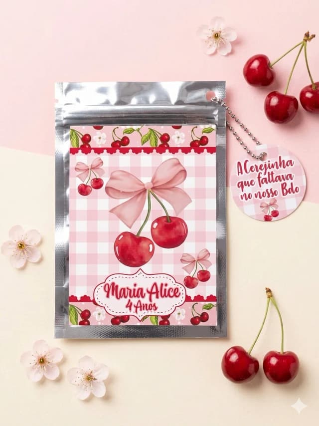Saquinho Metalizado ziplock cerejinha lembrancinhas festa aniversario infantil Personalizado