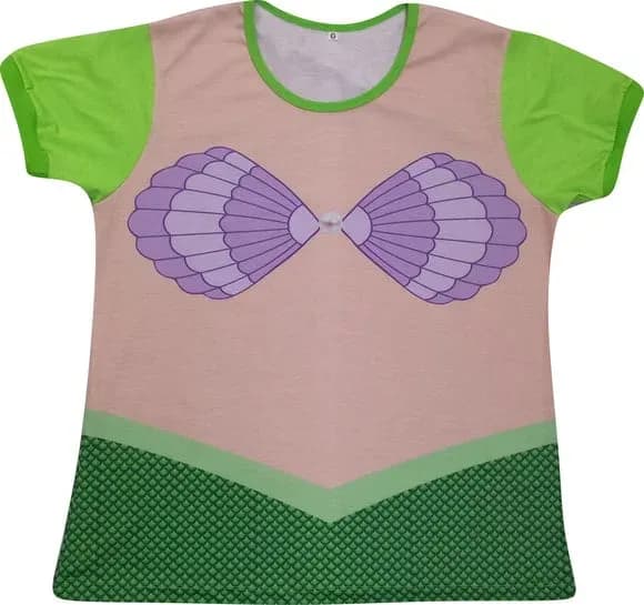 Blusa Adulto Fantasia Sereia Escamas Verdes com Biquíni de Conchas Roxas