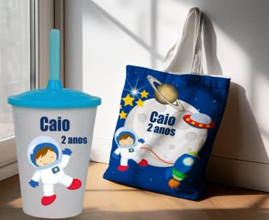 Kit Sacola Ecobag+ copo twister personalizado para lembrancinhas do Astronauta
