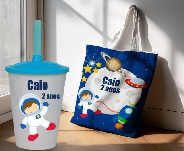 Kit Sacola Ecobag+ copo twister personalizado para lembrancinhas do Astronauta