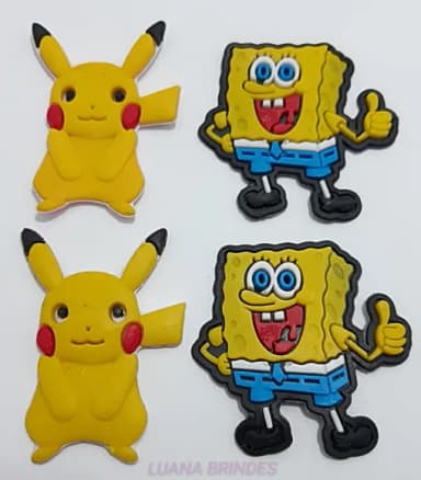 Aplique Pikachu e Bob Esponja de borracha - pct c/ 6 unid