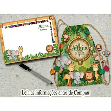 Kit Mochila e Lousa Magica personalizada lembrancinhas Safari Baby