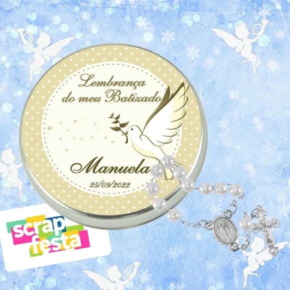 Latinhas Personalizadas Festa Batizado + Mini Terço Branco
