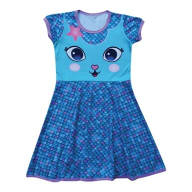 Vestido Infantil Gatinha Sereia Azul Estampa Divertida de Escamas