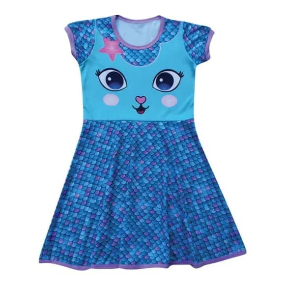 Vestido Infantil Gatinha Sereia Azul Estampa Divertida de Escamas