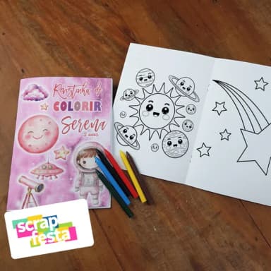 Revista Colorir + Giz Cera Festa Espaço, Astronauta Aquarela