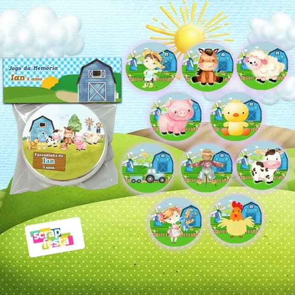 Latinha+jogo da Memória, Saquinho, Lapela Festa Fazendinha
