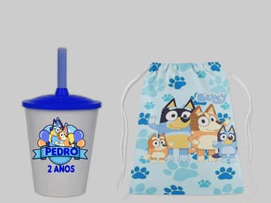 Kit Mochila e Copo Twister Personalizado para lembrancinhas do Bluey e Bingo