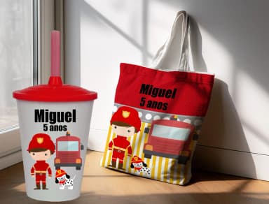 Kit Sacola Ecobag+ copo twister personalizado para lembrancinhas dos Bombeiros