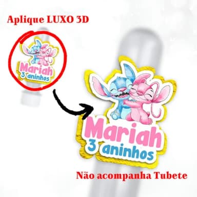 Aplique para Tubete Festa Aniversário Stitch Angel Efeito 3d