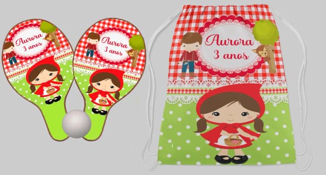 Kit Mochilinha e Raquete ping Pong Personalizada da Chapeuzinho Vermelho