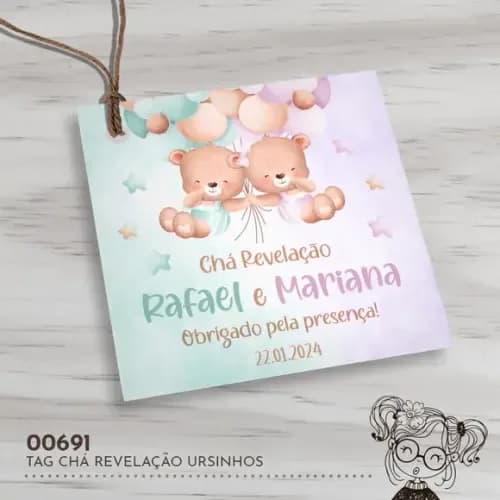Tag Quadrada Chá Revelação Ursinhos - 00691