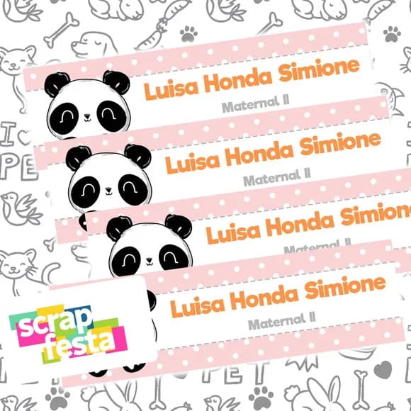 Etiqueta Escolar Personalizada Retangular 7x2 Panda Cute