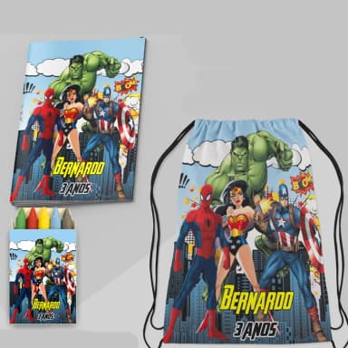 Kit Lembrancinhas Mochila e Revista personalizado dos Super Heróis
