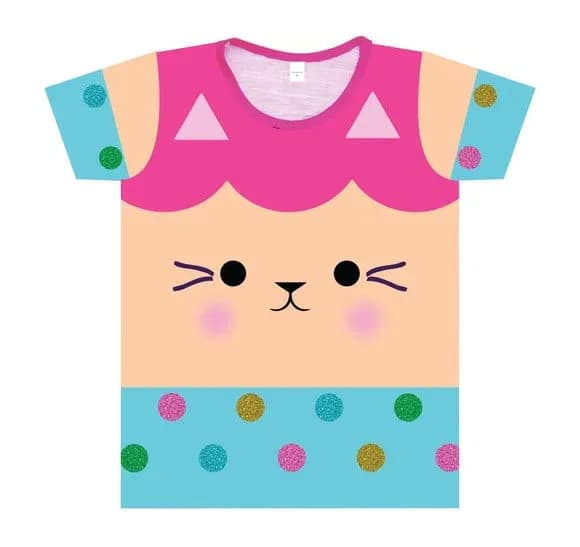 Camiseta Infantil Feminina Estampa Gatinho Colorido com Detalhes em Poás