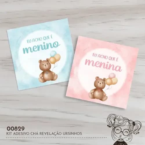Kit Adesivos Quadrados Chá Revelação Ursinhos - 00829