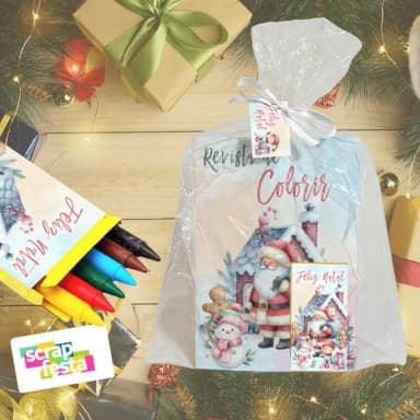Revista Colorir+embalagem+giz Cera Festa Natal Aquarela