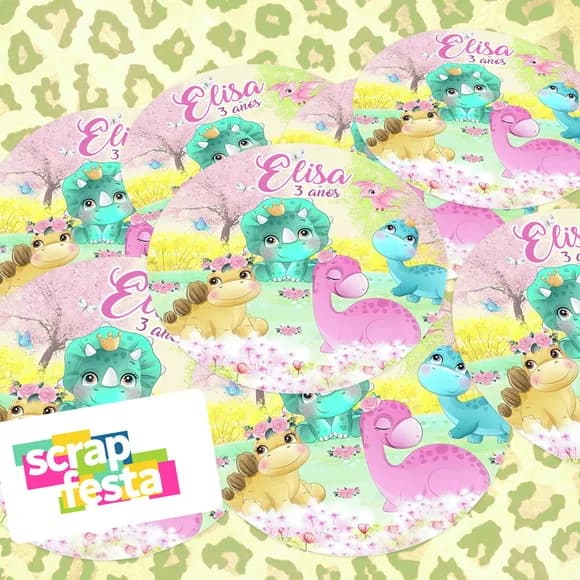 Adesivo 5 cm Redondo Personalizado Festa Dinossauro Aquarela