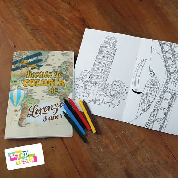 Revista Colorir + Giz de Cera Festa Passaporte Viagem