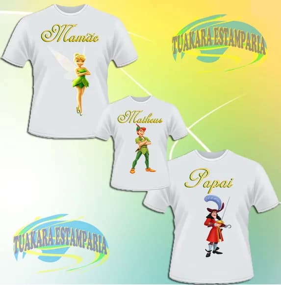 Kit 3 Camisetas - Peter Pan, Sininho, Capitão Gancho