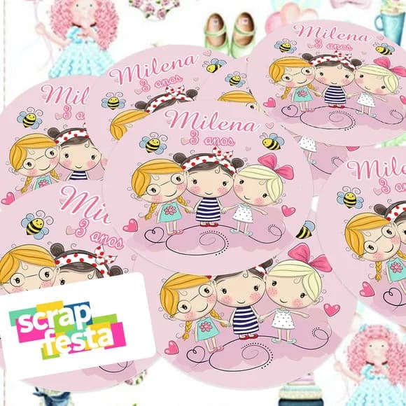 Adesivo 5 cm Redondo Personalizado Festa Bonecas