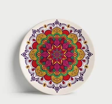 Prato Decorativo Mandala Geométrica Colorida 21cm Porcelana