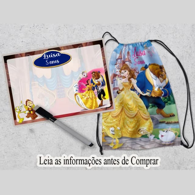Kit Mochila e Lousa Magica personalizada para lembrancinhas da Bela e Fera