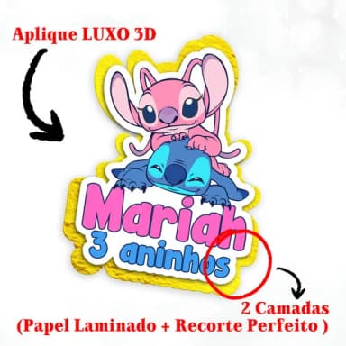 Aplique para Tubete Duas Camadas Stitch Angel Papel Dourado