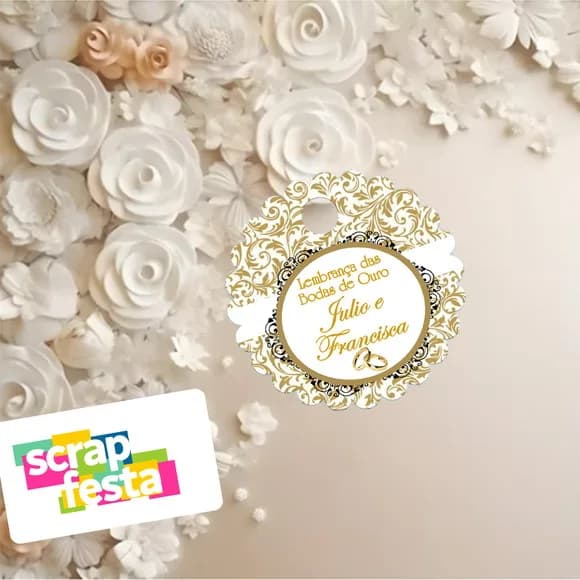 Tag Redonda Escalopada com Furinho Festa Bodas de Ouro