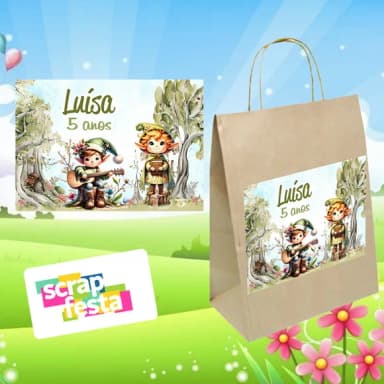 Sacola Papel Pardo Bosque Floresta Encantado Gnomos Aquarela